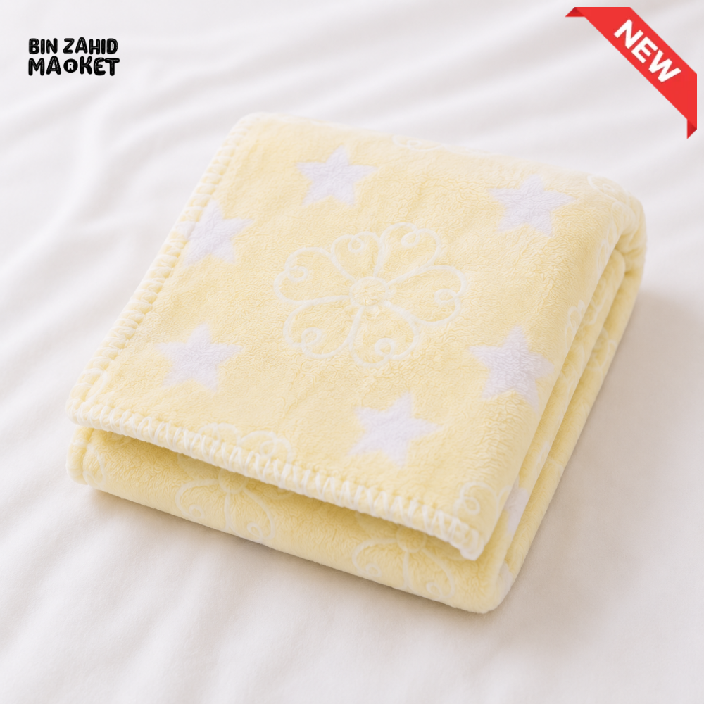 HAPPIMUMS BABY PLUSH SLEEPING BLANKET DOUBLE PLY BLUE STAR & FLOWER 110 x 80 - CREAM