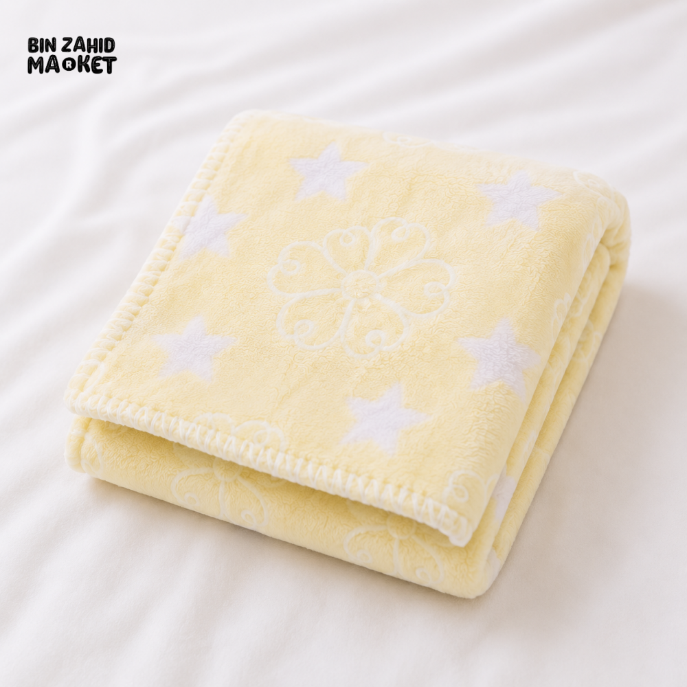 HAPPIMUMS BABY PLUSH SLEEPING BLANKET DOUBLE PLY BLUE STAR & FLOWER 110 x 80 - CREAM