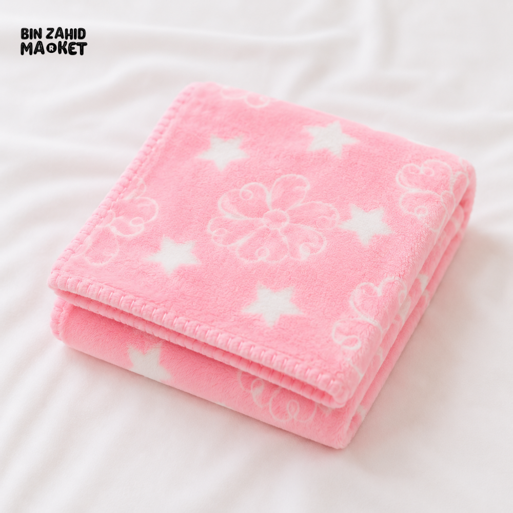 HAPPIMUMS BABY PLUSH SLEEPING BLANKET DOUBLE PLY BLUE STAR & FLOWER 110 x 80 - PINK