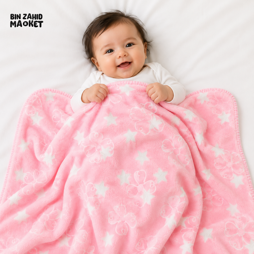 HAPPIMUMS BABY PLUSH SLEEPING BLANKET DOUBLE PLY BLUE STAR & FLOWER 110 x 80 - PINK