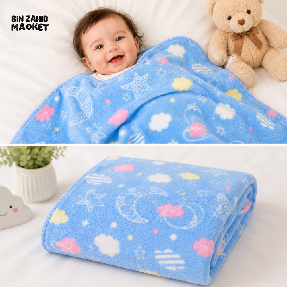 HAPPIMUMS BABY PLUSH SLEEPING BLANKET DOUBLE PLY SPACE DREAM 110 × 80 CM - BLUE