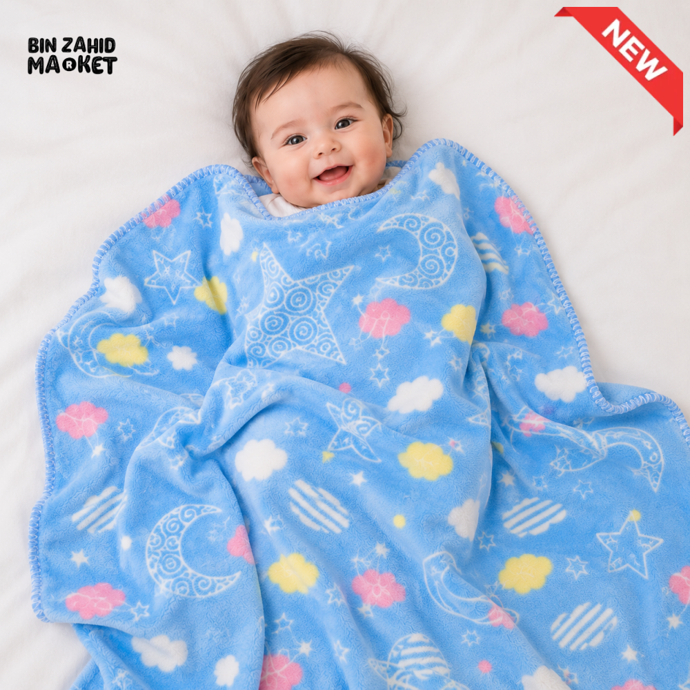 HAPPIMUMS BABY PLUSH SLEEPING BLANKET DOUBLE PLY SPACE DREAM 110 × 80 CM - BLUE