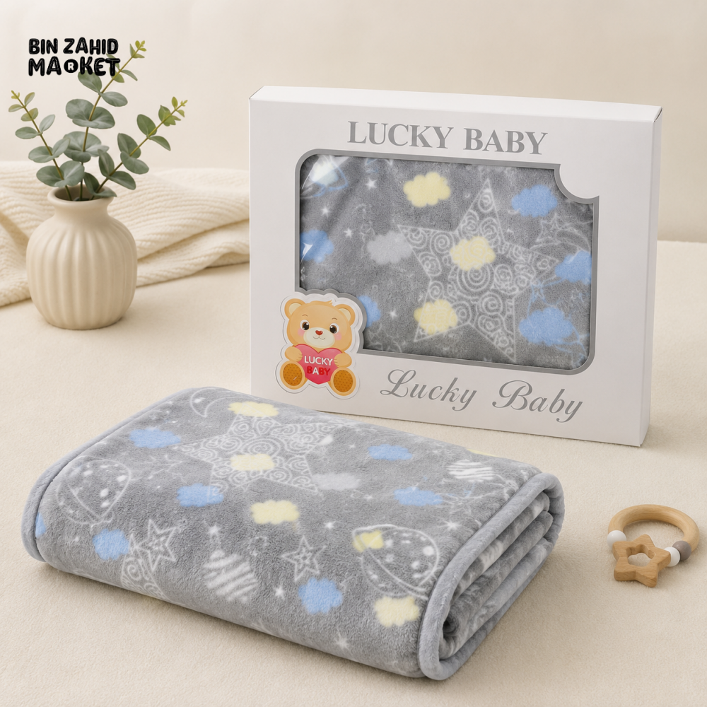 HAPPIMUMS BABY PLUSH SLEEPING BLANKET DOUBLE PLY SPACE DREAM 110 × 80 CM - BLUE