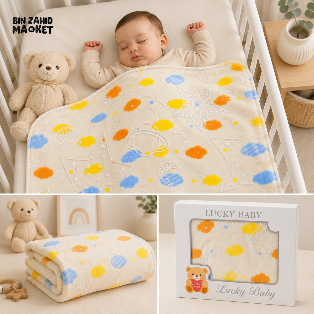 HAPPIMUMS BABY PLUSH SLEEPING BLANKET DOUBLE PLY SPACE DREAM 110 × 80 CM - CREAM