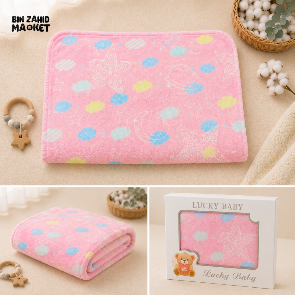 HAPPIMUMS BABY PLUSH SLEEPING BLANKET DOUBLE PLY SPACE DREAM 110 × 80 CM - PINK