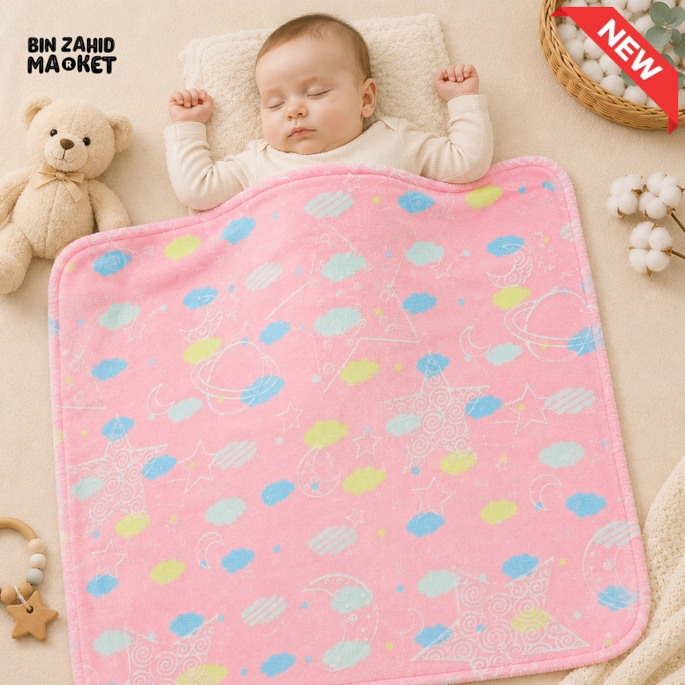 HAPPIMUMS BABY PLUSH SLEEPING BLANKET DOUBLE PLY SPACE DREAM 110 × 80 CM - PINK