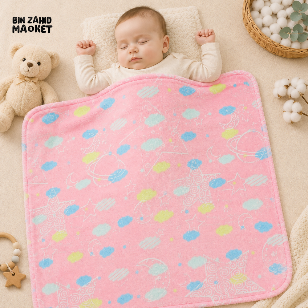 HAPPIMUMS BABY PLUSH SLEEPING BLANKET DOUBLE PLY SPACE DREAM 110 × 80 CM - PINK