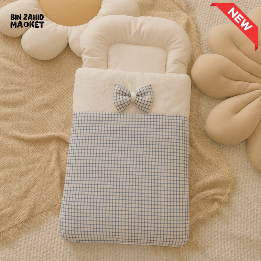 BABY SLEEPING BAG - BLUE BOW CHECKED PATTERN