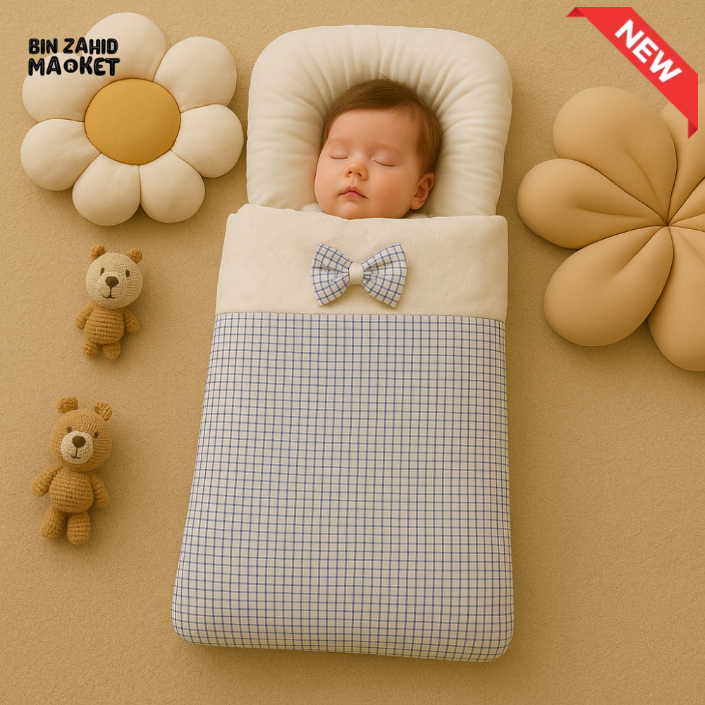 BABY SLEEPING BAG - BLUE BOW CHECKED PATTERN