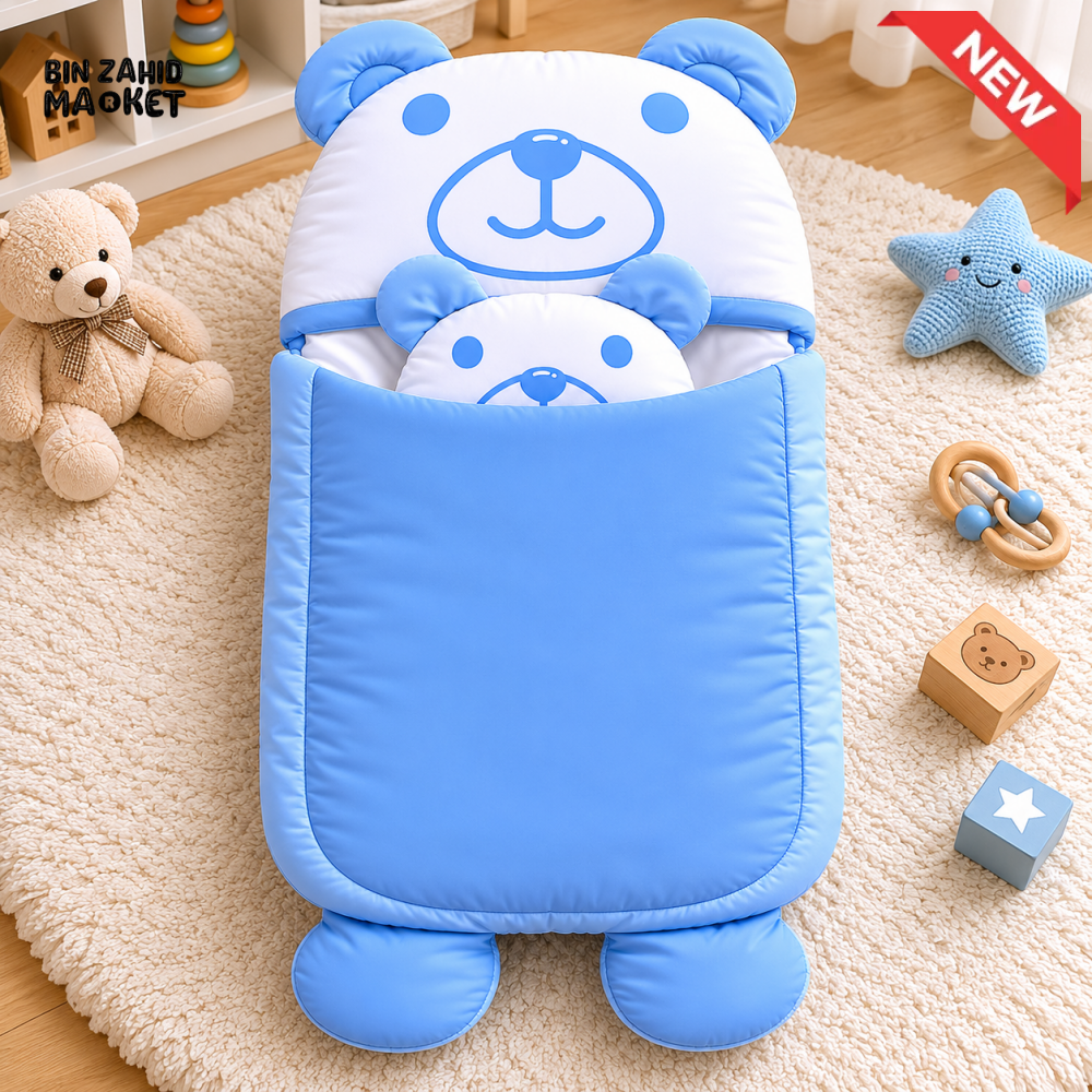 HAPPIMUMS CHARACTER CUDDLY CARRY NEST WITH PILLOW - BLUE BEAR