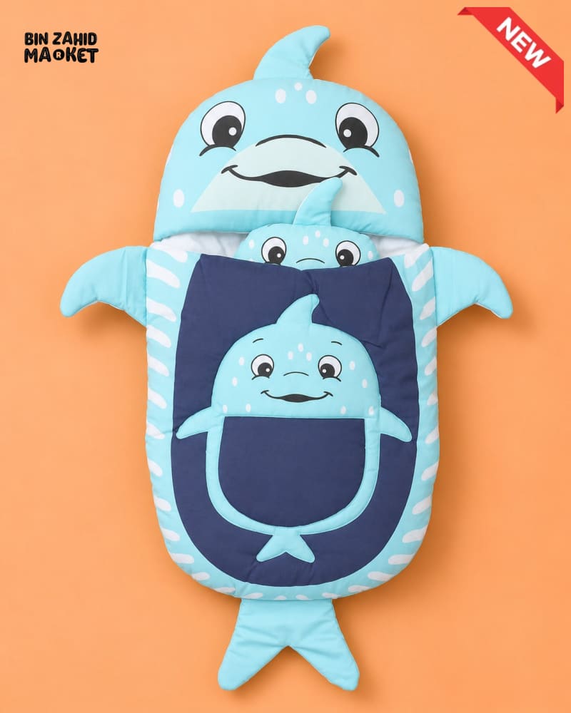 HAPPIMUMS CHARACTER CUDDLY CARRY NEST WITH PILLOW - BLUE LITTLE SHARK