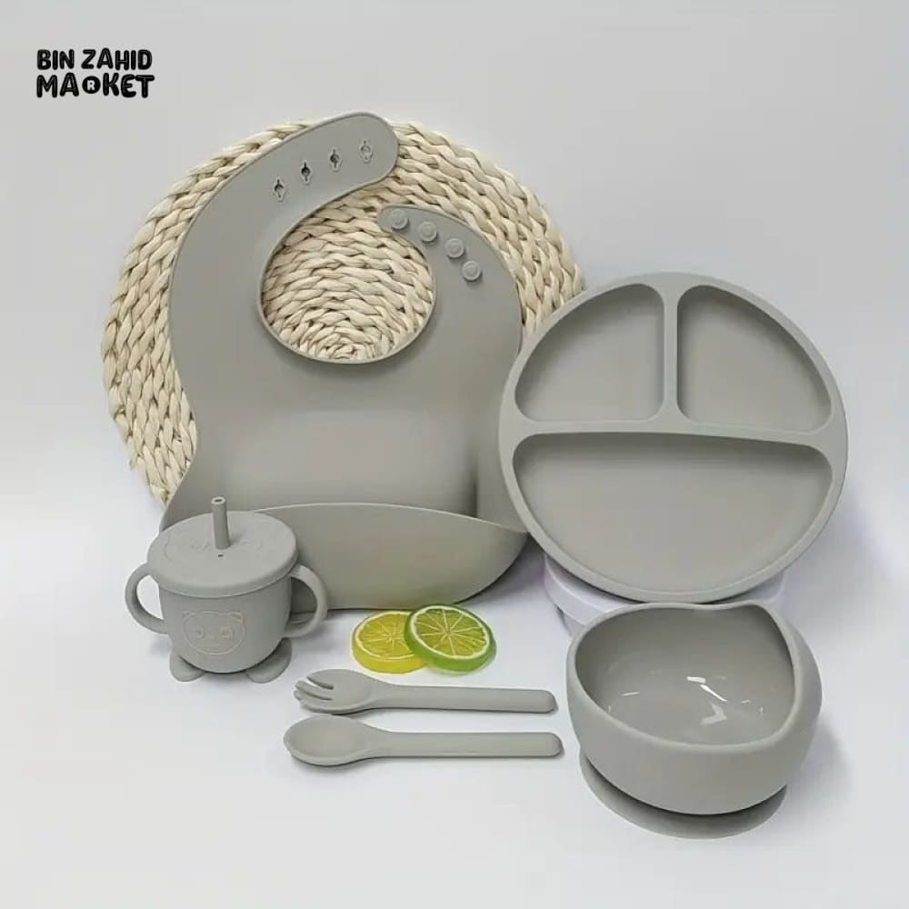 HAPPIMUMS SILICONE BABY 6IN1 TABLEWARE FEEDING SET GREY