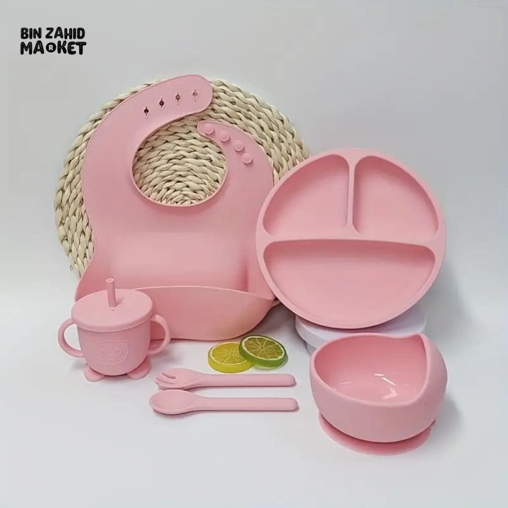 HAPPIMUMS SILICONE BABY 6IN1 TABLEWARE FEEDING SET PINK