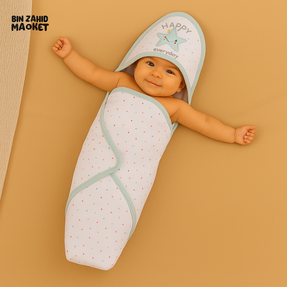 HAPPY EVERYDAY WHITE HOODED BABY WRAP – PRINTED COTTON NEWBORN SWADDLE