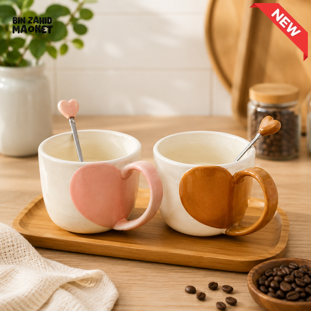 HEART HANDLE CERAMIC MUG SET - 4 PCS