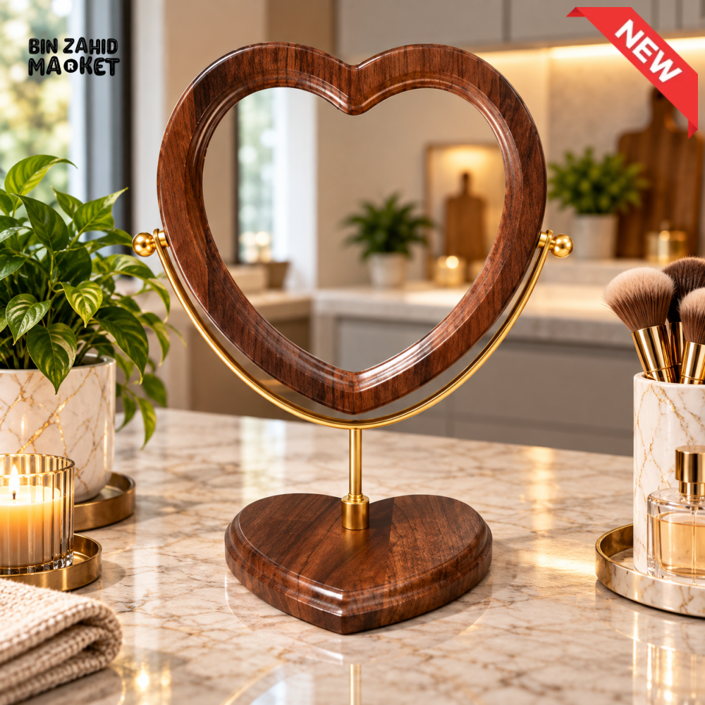 HEART SHAPED WOODEN TABLETOP VANITY MIRROR WITH GOLD STAND