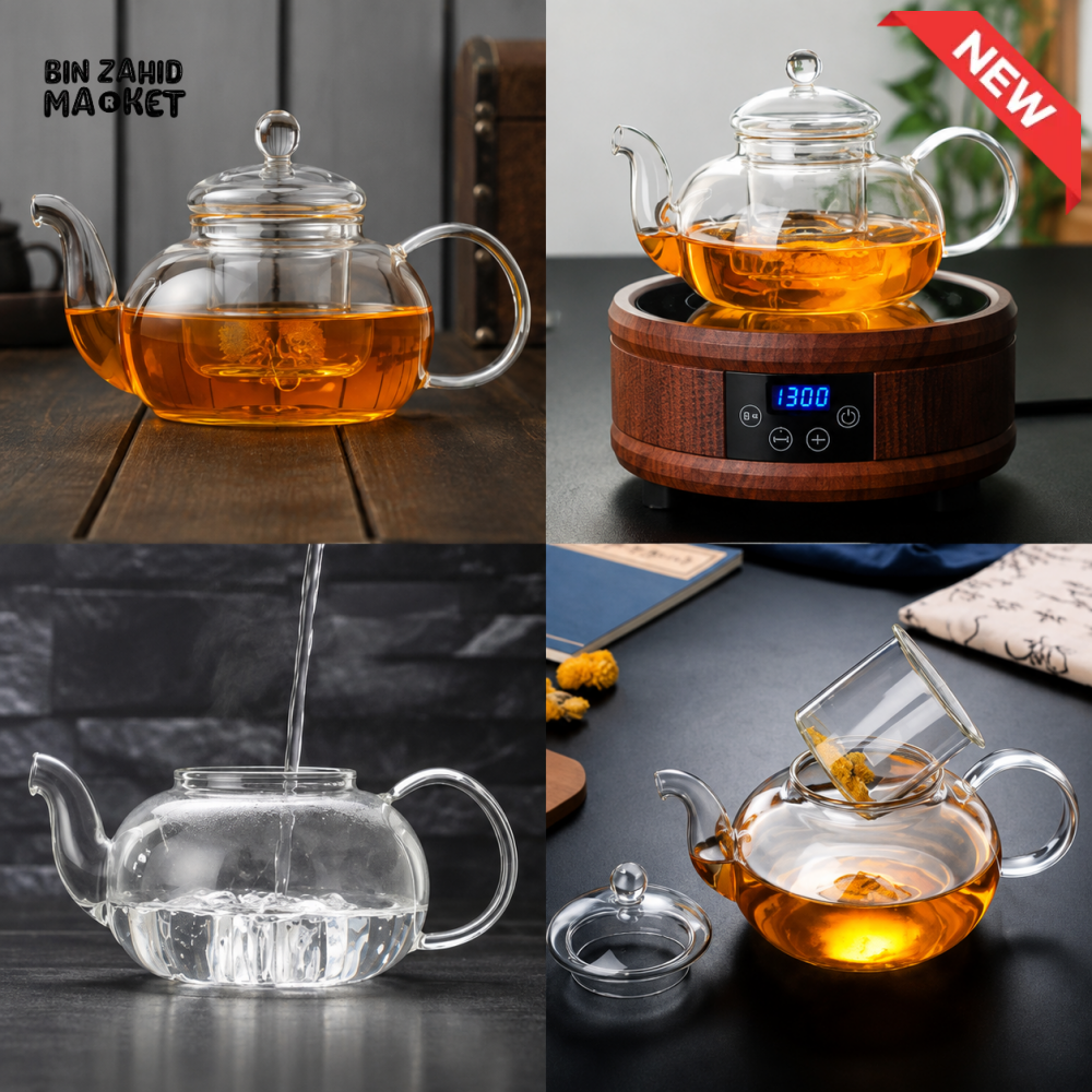 HEAT RESISTANT GLASS TEAPOT WITH REMOVABLE INFUSER AND LID