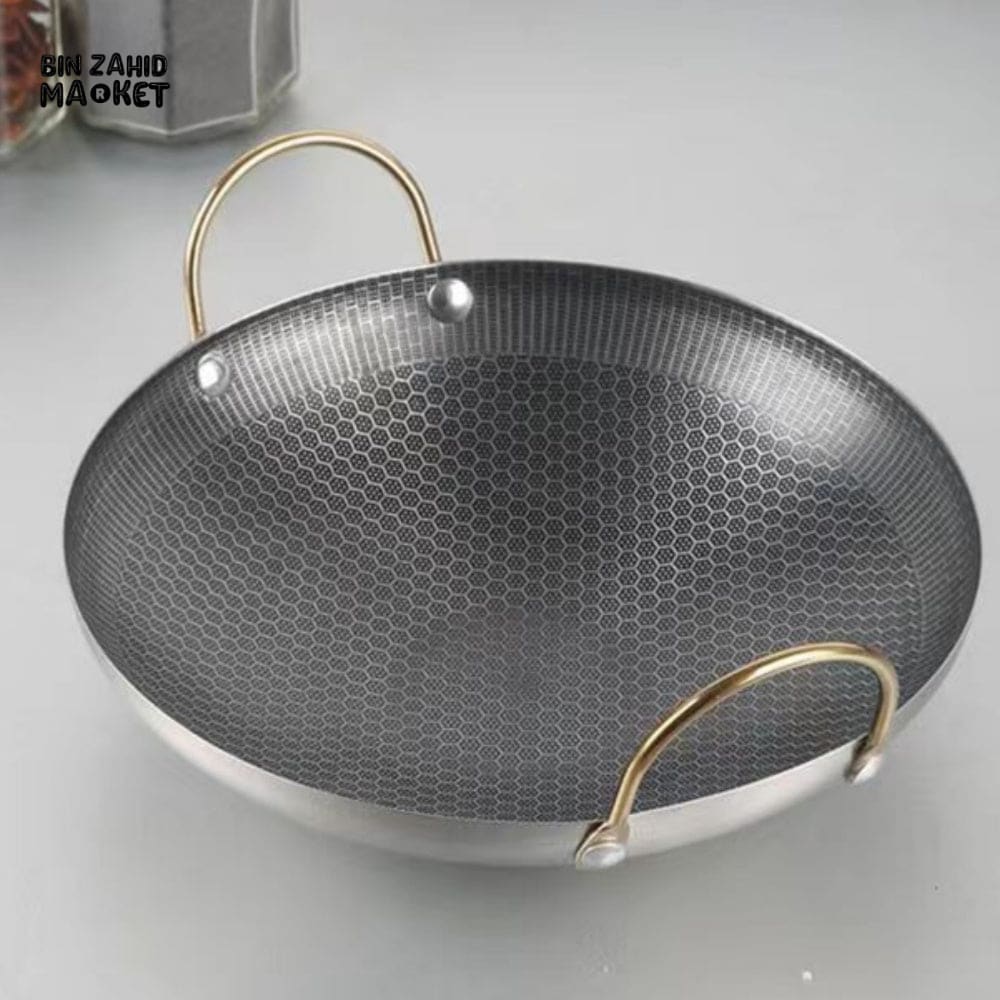 HEAVY DUTY THICK NON-STICK HONEYCOMB DRY POT – COMMERCIAL DOUBLE EAR WOK PAN