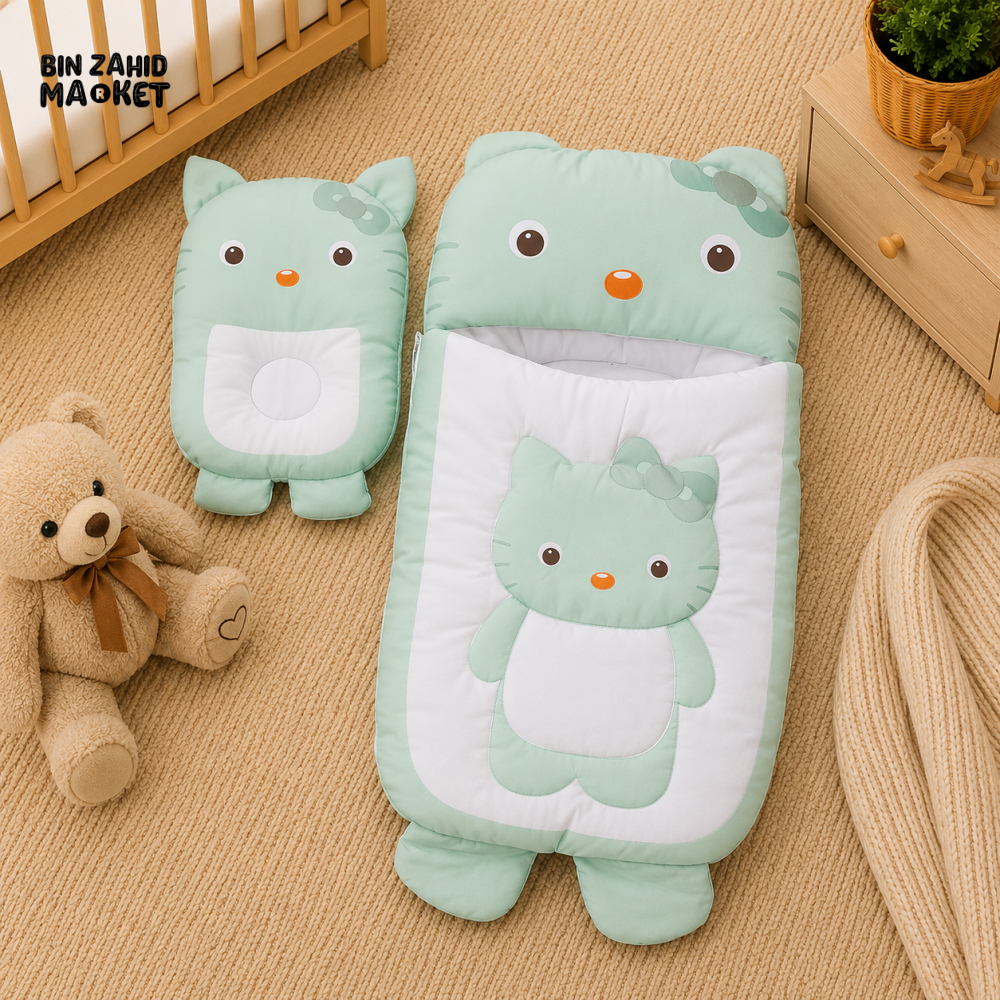 HELLO KITTY BABY SLEEPING BAG & PILLOW SET GREEN