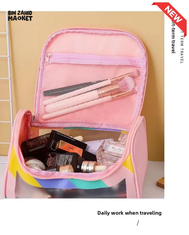 HIGH AESTHETIC TRANSPARENT TRAVEL MAKEUP TOILETRY BAG – LARGE CAPACITY WATERPROOF PORTABLE PU HANDHELD