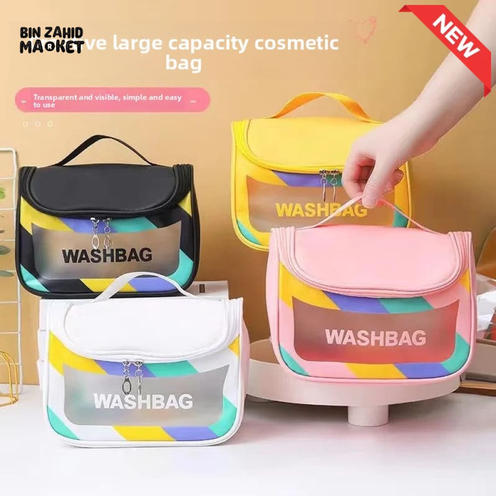 HIGH AESTHETIC TRANSPARENT TRAVEL MAKEUP TOILETRY BAG – LARGE CAPACITY WATERPROOF PORTABLE PU HANDHELD