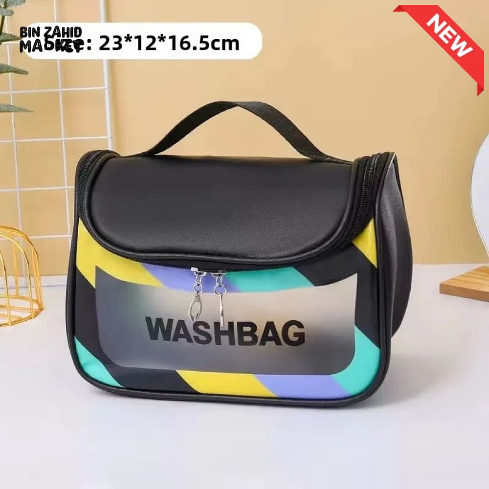 HIGH AESTHETIC TRANSPARENT TRAVEL MAKEUP TOILETRY BAG – LARGE CAPACITY WATERPROOF PORTABLE PU HANDHELD Black