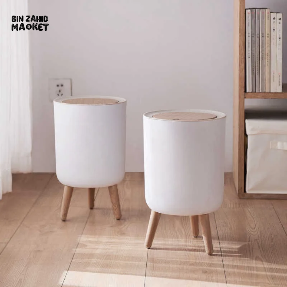 HIGH FOOT WOOD GRAIN TRASH CAN – KITCHEN BATHROOM OFFICE & HOME WASTE BIN - ROUND SHAPE