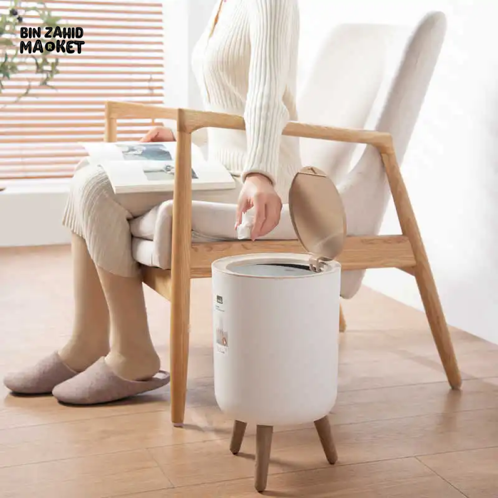 HIGH FOOT WOOD GRAIN TRASH CAN – KITCHEN BATHROOM OFFICE & HOME WASTE BIN - ROUND SHAPE