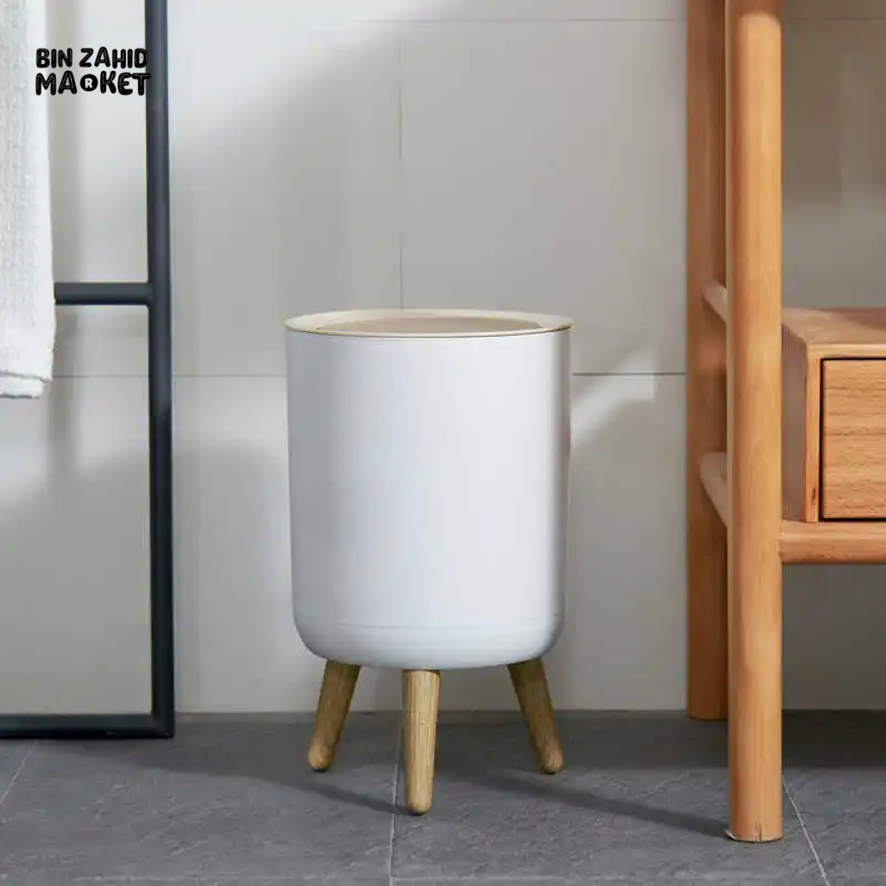 HIGH FOOT WOOD GRAIN TRASH CAN – KITCHEN BATHROOM OFFICE & HOME WASTE BIN - ROUND SHAPE