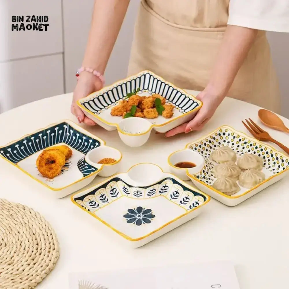 HIGH-QUALITY CERAMIC DUMPLING SERVING PLATE WITH DIP SAUCE COMPARTMENT