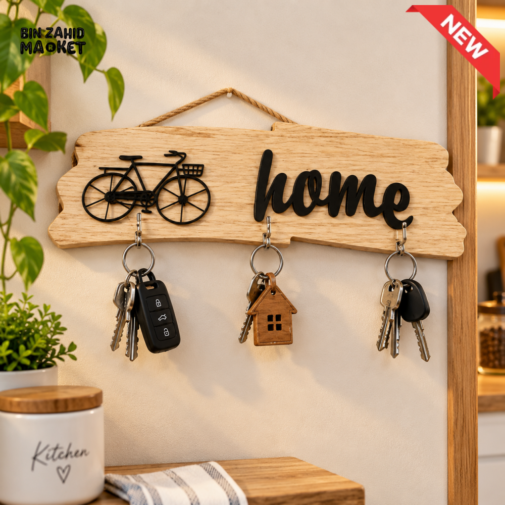 HOME BICYCLE DESIGN WOODEN WALL KEY HOLDER WITH 3 HOOKS