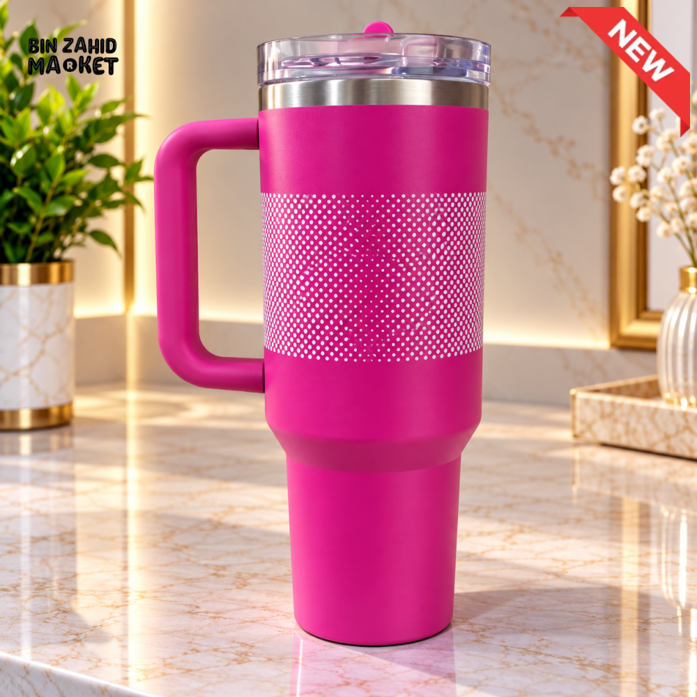 HOT PINK DOTTED STAINLESS STEEL INSULATED TRAVEL TUMBLER WITH HANDLE 40OZ