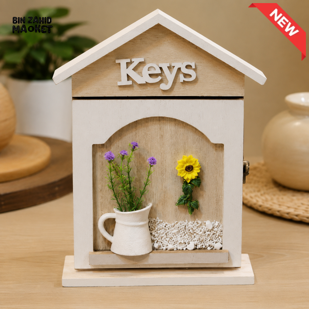 HOUSE SHAPED WOODEN KEY HOLDER WITH DECORATIVE FLOWER DISPLAY