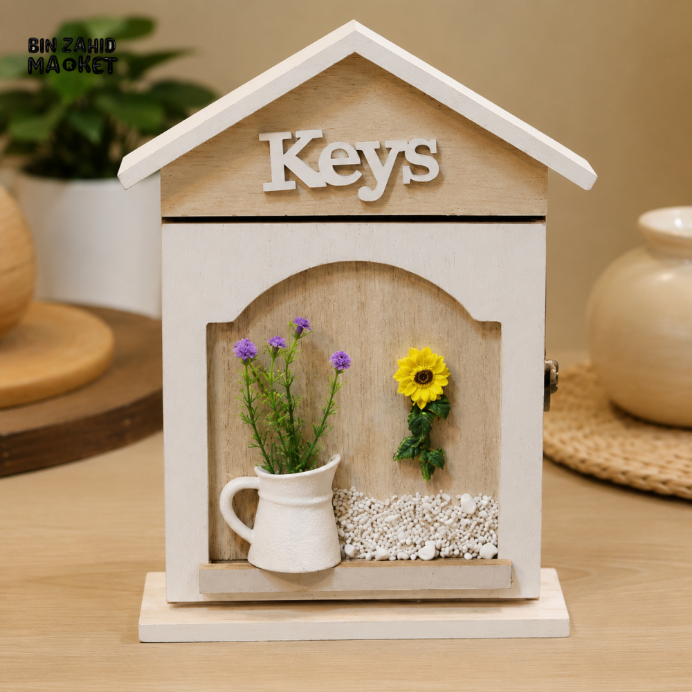 HOUSE SHAPED WOODEN KEY HOLDER WITH DECORATIVE FLOWER DISPLAY