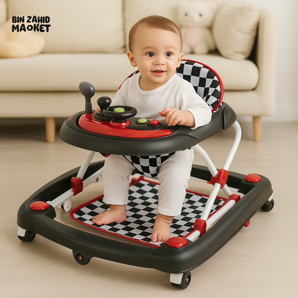 INFANTES RED & BLACK BABY WALKER – MUSICAL ACTIVITY TRAY WITH LIGHTS, FOLDABLE FRAME & COMFY SEAT FOR TODDLERS - BLACK & WHITE