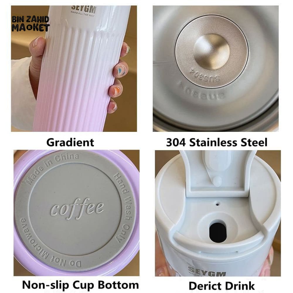 INSULATED COFFEE MUG 500ML – STRIPED STAINLESS STEEL VACUUM FLASK FOR TRAVEL