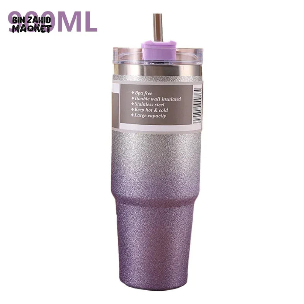 INSULATED STAINLESS STEEL TRAVEL CUP WITH STRAW LEAKPROOF THERMAL MUG & VACUUM COFFEE TUMBLER WITH COVER