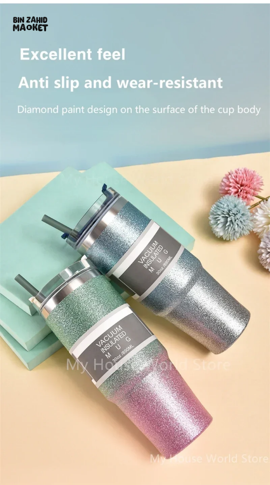 INSULATED STAINLESS STEEL TRAVEL CUP WITH STRAW LEAKPROOF THERMAL MUG & VACUUM COFFEE TUMBLER WITH COVER
