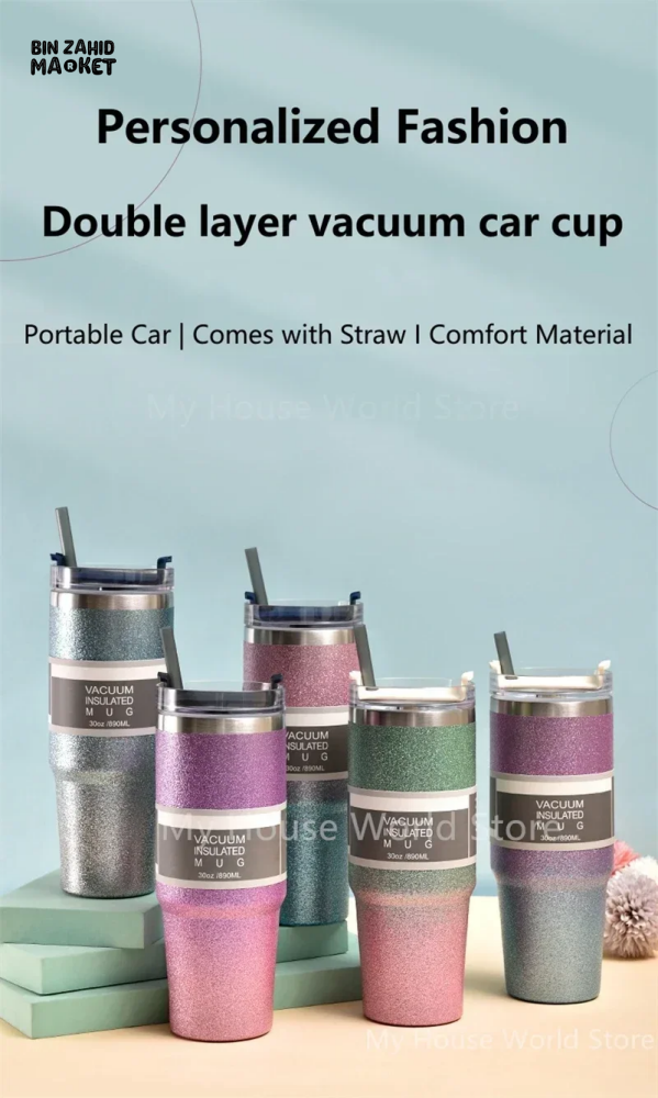 INSULATED STAINLESS STEEL TRAVEL CUP WITH STRAW LEAKPROOF THERMAL MUG & VACUUM COFFEE TUMBLER WITH COVER