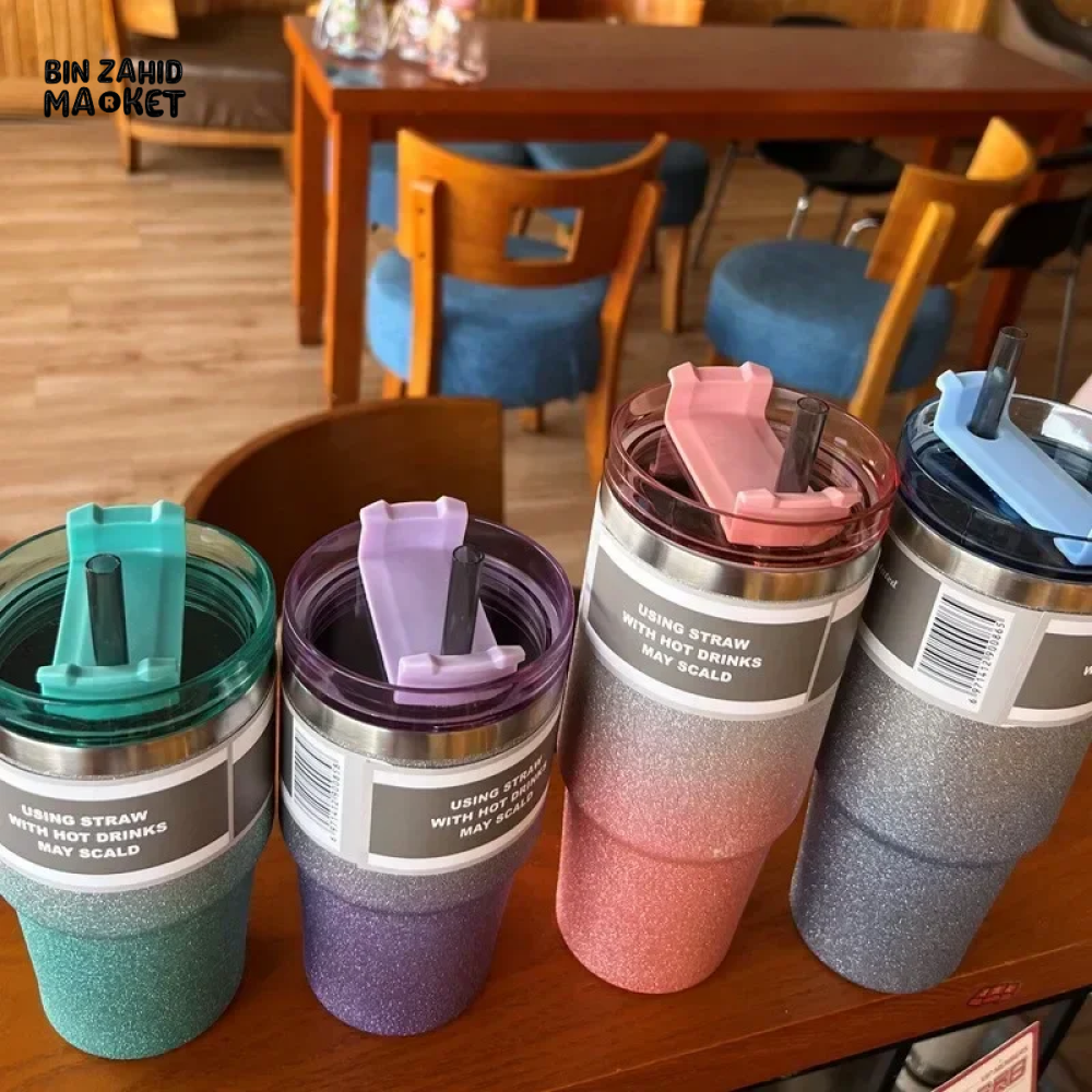 INSULATED STAINLESS STEEL TRAVEL CUP WITH STRAW LEAKPROOF THERMAL MUG & VACUUM COFFEE TUMBLER WITH COVER