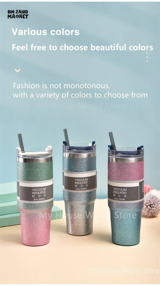 INSULATED STAINLESS STEEL TRAVEL CUP WITH STRAW LEAKPROOF THERMAL MUG & VACUUM COFFEE TUMBLER WITH COVER