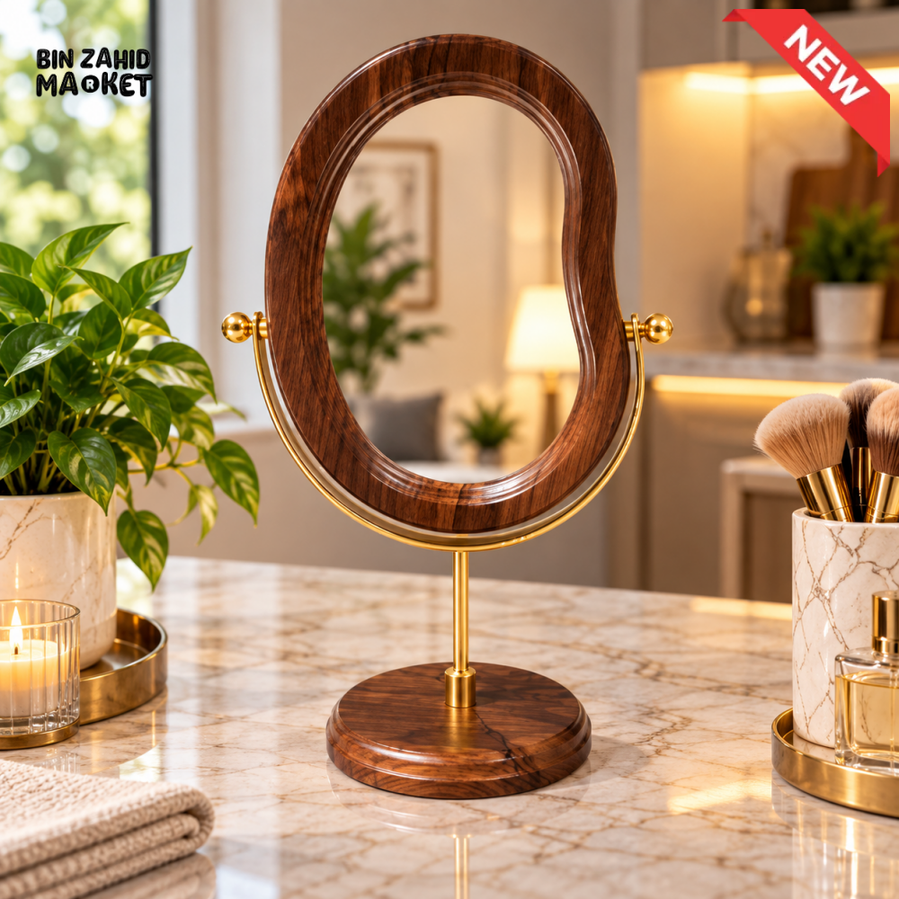 IRREGULAR OVAL WOODEN TABLETOP VANITY MIRROR WITH GOLD STAND