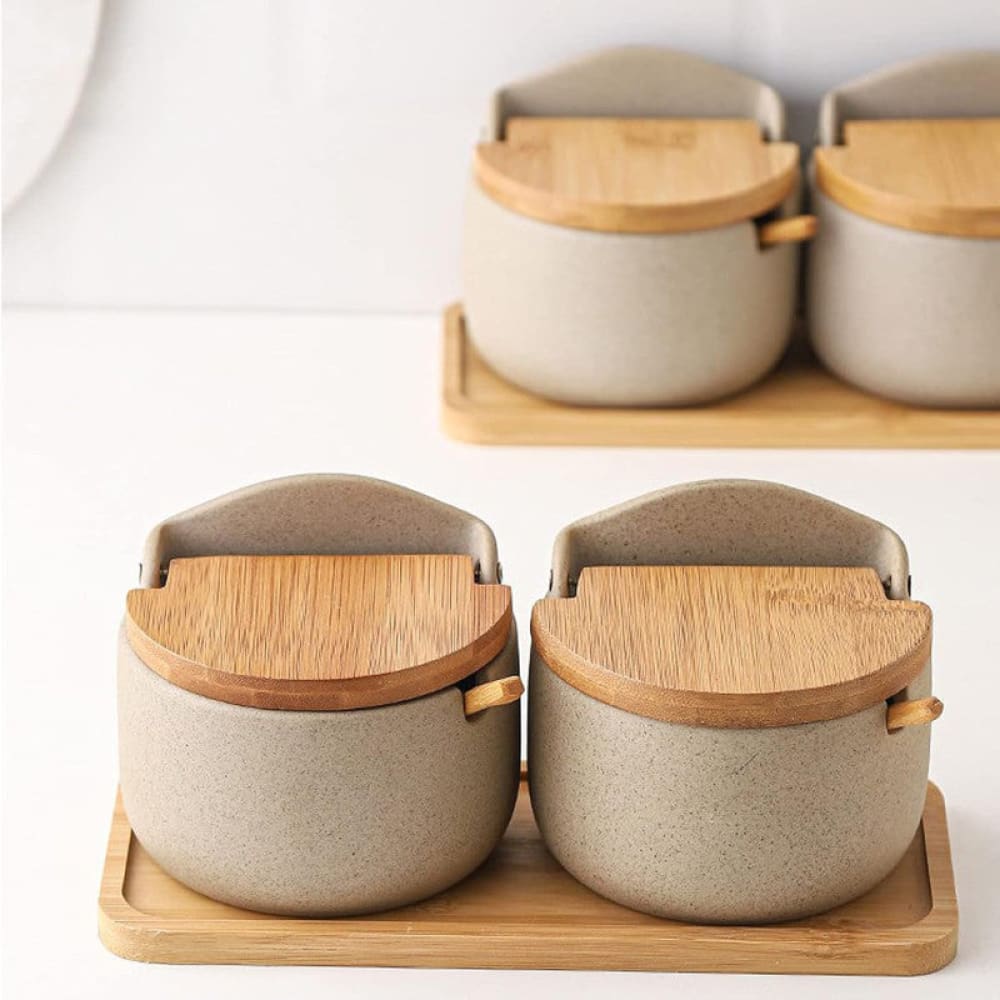 JAPANESE STYLE CERAMIC SPICE JAR SET – 2PIECE WITH WOODEN LIDS, SPOONS & TRAY