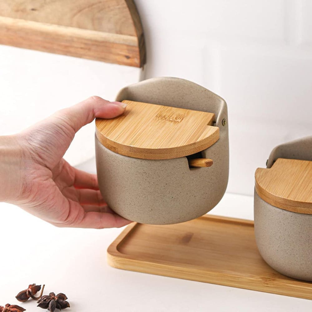 JAPANESE STYLE CERAMIC SPICE JAR SET – 2PIECE WITH WOODEN LIDS, SPOONS & TRAY