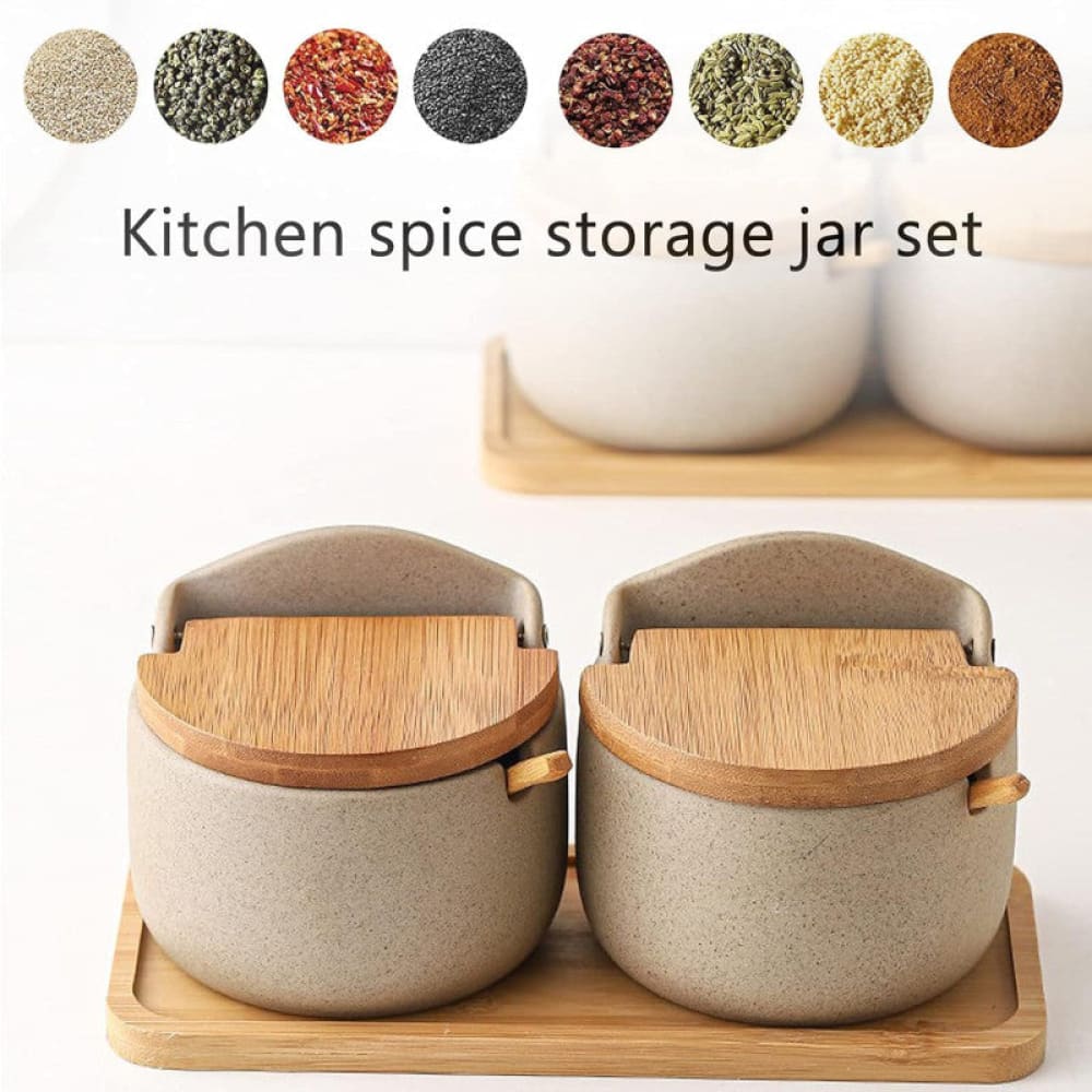 JAPANESE STYLE CERAMIC SPICE JAR SET – 2PIECE WITH WOODEN LIDS, SPOONS & TRAY