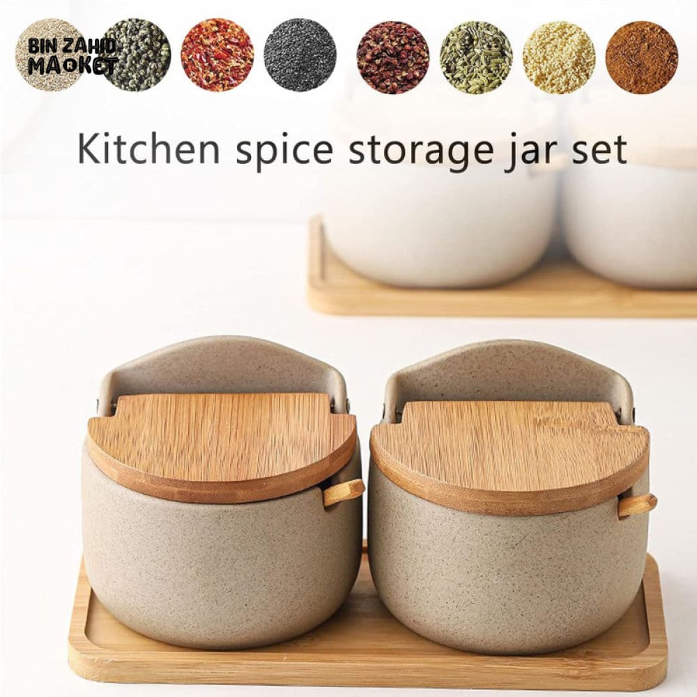 JAPANESE STYLE CERAMIC SPICE JAR SET – 2PIECE WITH WOODEN LIDS, SPOONS & TRAY