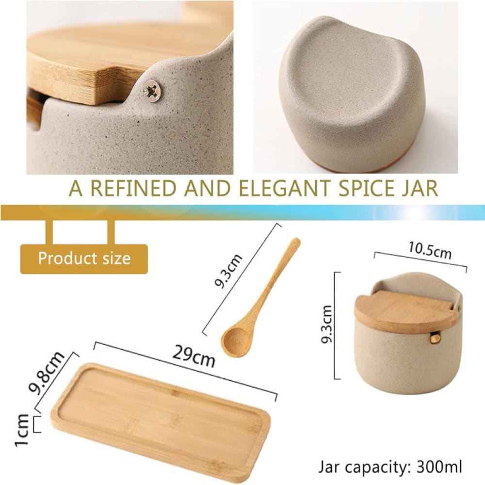 JAPANESE STYLE CERAMIC SPICE JAR SET – 2PIECE WITH WOODEN LIDS, SPOONS & TRAY