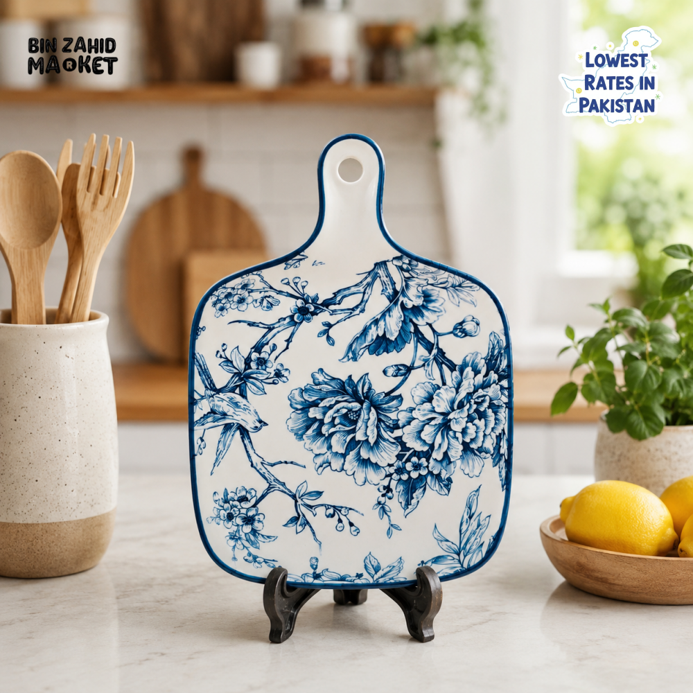 CERAMIC DECORATIVE SERVING BOARD - BLUE FLORAL DESIGN