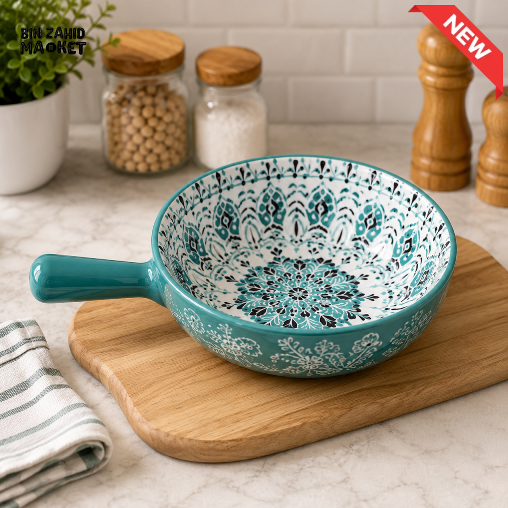KASHGAR POTTERY CERAMIC HANDLED SERVING BOWL - 6 INCH