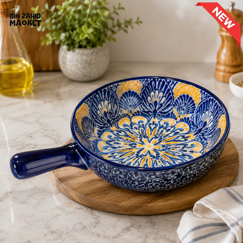 KASHGAR POTTERY CERAMIC HANDLED SERVING BOWL - 8 INCH